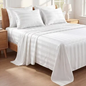 100% Polyester Satin Striped 3-in-1 Bedding Set 3cm Wide Satin Stripe Flat Sheet with 2 Pillowcases