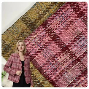 100% Polyester Segment Dyed Yarn Woven Plaid Tweed Fabric Fuchsia Yellow in Stock Support Custom Making