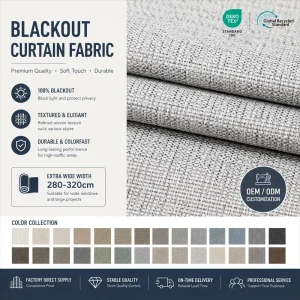 100% Polyester Woven Blackout Curtains Fabric Sheer Slub Style Coating Packaged Roll Flame Retardant Waterproof