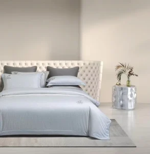 100% Premium Long Staple Cotton Modern Home Four Piece Set Soft Breathable and Colourfast Sky Blue Embroidered Bedding