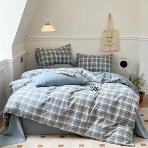 100% Pure Cotton Four Piece Nordic Style Solid Color Geometric Pattern All Season Washed Dormitory Bedding Set Customizable