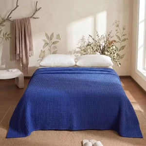 100% Pure Cotton Waffle Weave Blanket Large Size Soft Breathable Bed Blanket Lightweight Comfortable Bedding Navy Blue
