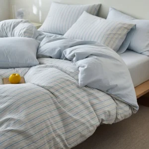 100% Washed Cotton Bedding Set 4pcs Yarn-Dyed Jacquard Striped Soft Breathable Skin-Friendly Duvet Cover Set