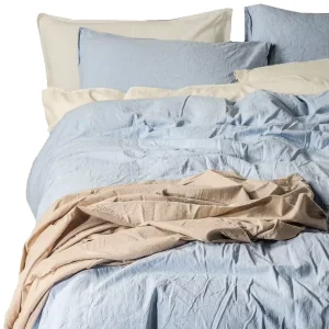 100% Washed Cotton Bedding Set Solid Color Grey Blue Color 4pc Duvet Cover Comforter Set Bed Sheet Set
