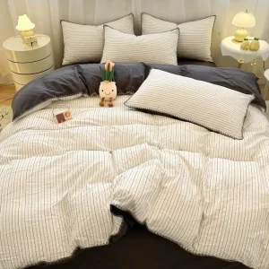 100% Washed Cotton Striped 200TC Machine Washable Breathable Durable Comfy Can Sleep Naked Minimalist Ruffle Duvet Cover Set
