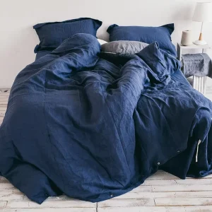 100% Washed French Linen Stone Washed Duvet Cover Set Royal Navy Linen Bed Set