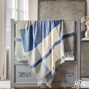 100% Wool Raschel Blanket with Woven Stripe Check and Tassel Portable Wearable Accessory