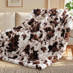 1000GSM Faux Rabbit Fur Throw Blanket Super Heavy Warm Cozy Brown Cream Blankets