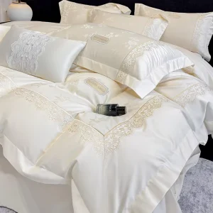 100S Yarn Dyed Jacquard Cotton French Lace Embroidery Premium Cotton Bed Linen Luxury Bedding Set