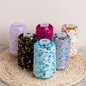 100g Dyed Fancy Yarn Combed Cotton Sequin Thread 3mm & 6mm Large Sequins Hand Knitted DIY Beaded Yarn Tube for Weaving