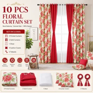 10PCS Floral Blackout Curtain Set with Cushion Covers Room Darkening Thermal Insulated Window Drapes for Living Room Bedroom