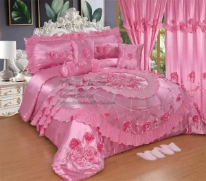 10pcs Comforter Set for Wedding Lace Embroidery Ruffle King Size Comforter Duvet Bedding Set with Curtains