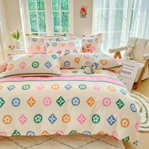115GSM Polyester Bedding Set Colorful Flower Print Duvet Cover 4 Piece Bed Sheet Quilt Cover & Pillowcases for Home All Seasons