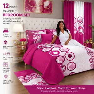 12 Piece Luxury King Size Bedroom in a Bag Bedding Set with Matching Curtains and Carpet