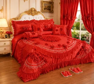 12 Piece Luxury Wedding Comforter Set With Curtains Satin Embroidery Bedding Set