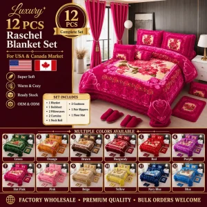 12 Piece Raschel Velvet Touch Blanket Bedding Set with Curtains and Bedroom Accessories