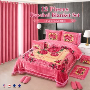 12 Pieces King Size Raschel Blanket Set with Matching Curtains Soft Warm Winter Blankets Bedding Set