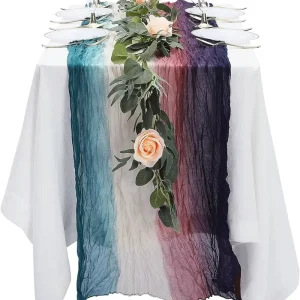 12Ft Boho Tie Dye Pleated Voile Table Runner Cheese Cloth Fabric for Wedding Arch Tea Party Dining Table Spring Rustic Decor