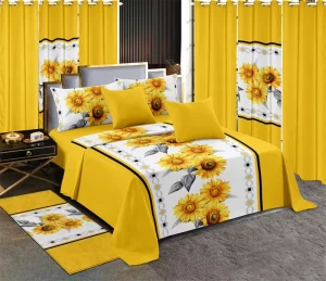 13 Pcs Bedding Set King Size Yellow Sunflower 100% Microfiber Bedsheet Set with Matching Curtains