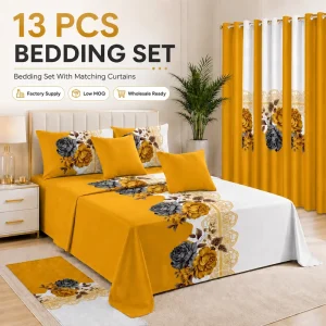 13 Pieces Bed Sheet Set with Matching Curtains Floor Mat Pillowcases Bedding Set
