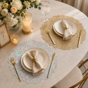 15 Inch PVC Die Cut Filigree Placemat Metallic Rose Floral Round Table Mat Heat Resistant Waterproof Dining Decor for Wedding
