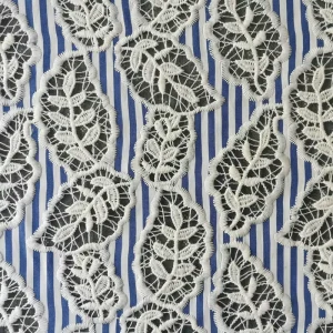 150gsm Blue White Stripe Leaf Cotton Lace Fabric Laser Embroidered Leaf Guipure Fabric for Casual Dress & Shirt