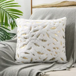 18*18inch Bed Throw Pillows Cover Super Soft Plush Fur Hot Stamping Feather Leaf Gold Foil Pillowcase Home Sofa Cushion Decor