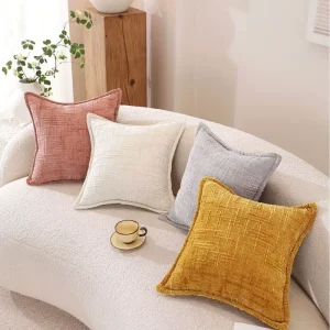 18 Inch Chenille Sofa Throw Pillow Breathable Stripe Cozy Frilled Plain Cover Square Shape for Home Living Room Bed Decor
