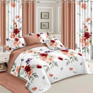 1800 Series Soft Printed 6 Pcs in 1 Bedroom Bed Duvet Cover Bed Sheet Curtain Bedding Set
