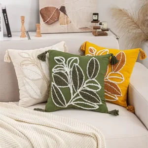 18×18 Inch Boho Throw Pillows for Couch Bohemian Floral Tufted Leaf Textured Farmhouse Home Decor Pillow Covers With Tassels