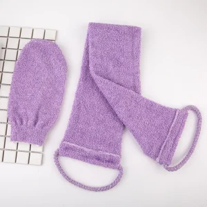2 Pcs Self Care Kit Blue Purple Exfoliating Bamboo Shower Scrubber Double Sided Body Back Strap Washcloth Bath Rubbing Mitts Set