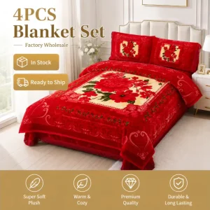 2 Ply Mink Blankets for Winter Heavy Plush Raschel Blanket Set With Pillowcases