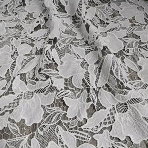 220gsm White Floral Guipure Lace Fabric Hollow Out Crochet Crepe Laser Embroidered Fabric for Bridal & Evening Dress