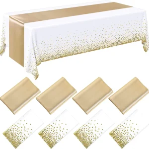 24 Piece Wedding Satin and Plastic Table Runners 54×108 and 12×108 Inches for Parties Gold