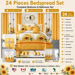 24 Pieces King Size Bedspread Bedding Set with Curtains Complete Bedroom and Bathroom Set for Home