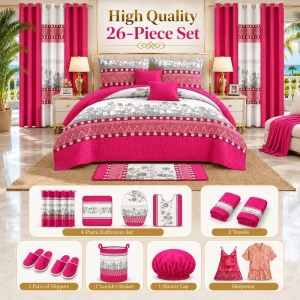 26 Piece King Size Quilted Bedspread Bedding Set with Curtains Rug Towels Slippers Complete Bedroom Set