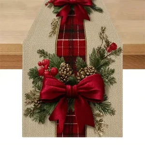 2D Geometric Christmas Bow Table Runner Durable Linen Dinner Table Festive Christmas Season Decoration