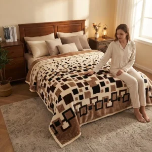 2Ply Thickened Geometry Design Printed Heavy Warm European Raschel Blanket for Winter