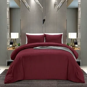 2cm Stripe Microfiber Duvet Cover Set Double Size Maroon Color Button Closure
