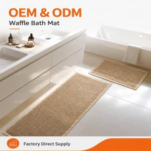 2pcs Beige Waffle Bath Mat Set Polyester Runner Rug With Tassels Non Slip Absorbent Bathroom Floor Mats for Tub