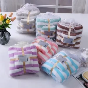 2pcs Set Stripe Coral Fleece Towel and Bath Towel Set Adult Coral Velvet Soft Bath Microfiber Home Absorbs Water Towel Set