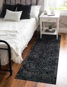 2×10 Moroccan Black Kitchen Runner Rug Non Slip Bohemian Soft Bathroom Throw Mat Washable Geometric Carpet for Entryway