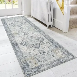 2×5 2×6 2×7 Runner Rugs Machine Washable Low Pile Lightweight Soft Print Vintage Retro Style Blue Gold Entryway Home Office
