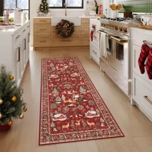 2’x6′ Machine Made Faux Wool Christmas Runner Rug Non Slip Washable Kitchen Entryway Carpet Soft Santa Claus Tree Design Bedside