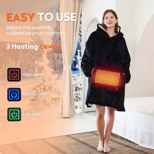 3 Heat Levels USB Heated Hoodie Mens Wearable Electric Blanket with Sleeves Flannel Fleece Winter Warm Hoodie Blanket Gray