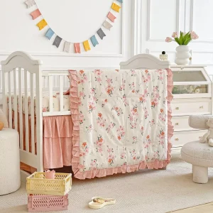 3 Pc Floral Quilted Comforter with Fitted Sheet and Bed Skirt Ruffle Crib Bedding Set