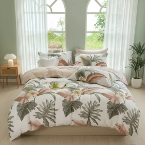 3 Piece 100% Cotton Duvet Cover Set Tropical Palm Leaf Bedding Hidden Zipper Soft Breathable Reversible Eco Friendly Home Use
