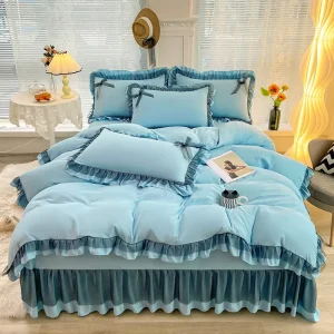 3-Piece 4-Piece Solid Pattern Breathable Duvet Cover Sets Western Japanese Nordic Style Ruffles Peach Skin Processing Bedding