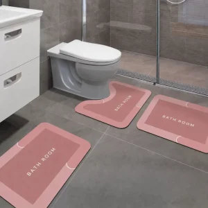 3 Piece Bathroom Mat Set Soft Diatomite U Shape Toilet Mat Bath Mats Non Slip Rubber Backing Washable Faux Leather Surface