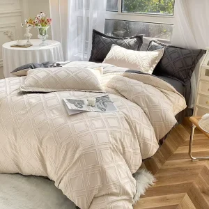 3 Piece Ivory Tufted Textured Comforter Cover Geometric King Size 220x240cm Duvet Cover Set